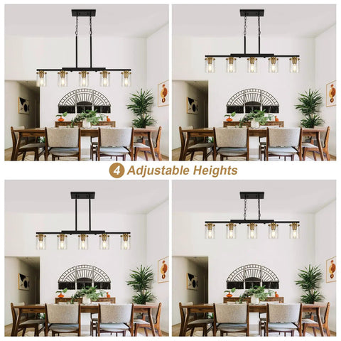 Top Notch Five Light Dining Room Fixture Featuring Clear Glass Shades That Give Any Kitchen Island A Kickin Farmhouse Chandelier Vibe While Building Sweet Warm Ambiance For Gatherings, adjustable heights in four variations.