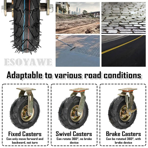 Heavy Duty Rubber Pneumatic Caster Wheels 4 Pack With Swivel Brakes And Top Plate Mounting Industrial Cart Casters Built Tough For Smooth Roll And Kicking It On Heavy Workloads Today