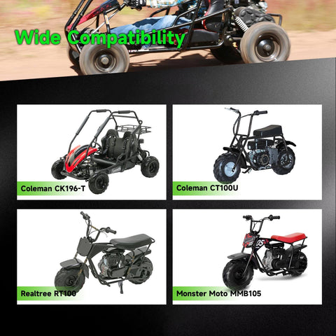 Four mini bike and ATV models compatible with 145/70-6 Tubeless Tire For Mini Bikes And ATVs, featuring wide fit view.