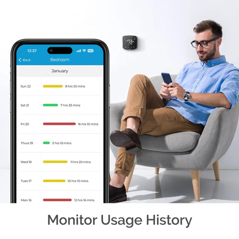 Person using Boss Level Smart Air Conditioner Controller With WiFi Thermostat; mobile app interface in focus.