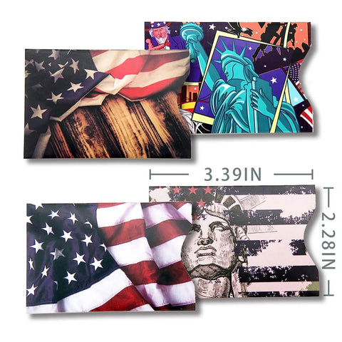 RFID Blocking Card Sleeves Set With Ten Pieces And Five Unique Designs For Identity Theft Protection On The Go Slim Side Load Travel Case Keeps Cards Safe And Easy To Access, featuring American flag and Statue of Liberty designs, dimensions shown.