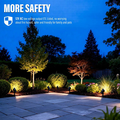 Low Voltage Landscape Spotlights Pro-Grade 50W Halogen Outdoor Garden Lights illuminating trees and path at night