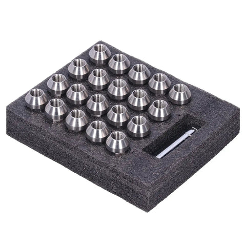 Super Cool 1-2-20 Lug Nuts Socket Kit Made From Super Tough T304 Stainless Steel That Stands Up To Any Rust, Heat And Bumper Bumps While Providing A Dead Universal Fit For All Your Daily Wheels With Top Strength And Long Term Grip For 20 Pieces Total. 20-pack T304 stainless 1/2-20 lug nuts on foam tray