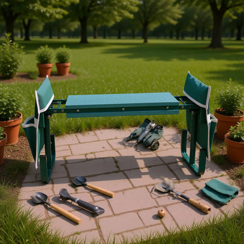 Adjustable Garden Kneeler Bench Folding Seat With 400 Lb Capacity Dual Function Stool Wide Padded Kneeling Pad Portable Green Garden Stool With 2 Tool Pouches for Easy Weeding Planting and Potting Tasks on a patio