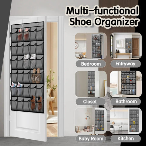 Over The Door Shoe Organizer With 30 Breathable Mesh Pockets hanging on white door with shoes displayed