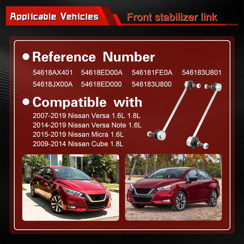 Two Pack Front Stabilizer Sway Bar Links Compatible With Versa 2007 2019 shown with compatibility list and reference numbers