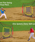 Baseball players using 7x7ft Baseball Practice Net With Strike Zone And Large Pocket Target For Hitting Pitching And Throwing