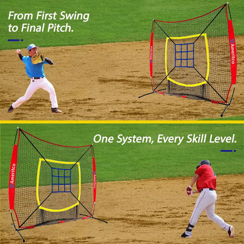 Baseball players using 7x7ft Baseball Practice Net With Strike Zone And Large Pocket Target For Hitting Pitching And Throwing