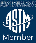 ASTM logo with text 'Meets or Exceeds Industry Quality & Safety Standards', indicating membership on a blue background.