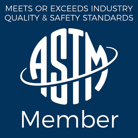 ASTM logo with text 'Meets or Exceeds Industry Quality & Safety Standards', indicating membership on a blue background.