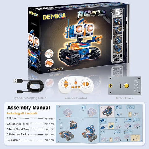 Box of 5 In 1 STEM Robot Building Kit With 560 Pieces For Ages 8 12, showing robot, remote control, and assembly manual.