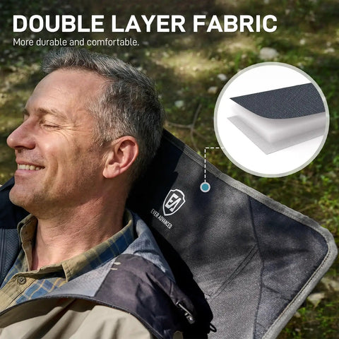 Man relaxed in lightweight folding recliner chair with double layer fabric, outdoor setting, product focus keyword included