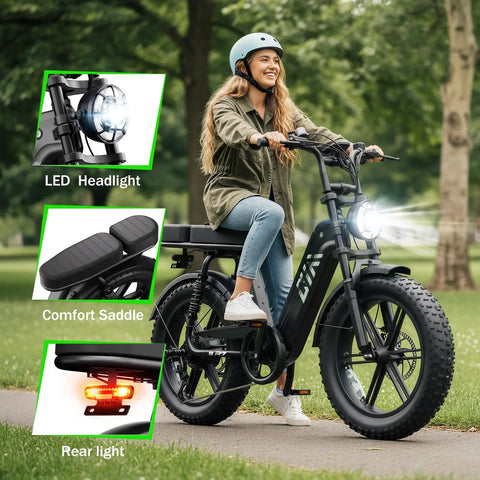 Woman riding High Power 1500W Peak Fat Tire Electric Bike For Adults With All Terrain Tires Great For Road Sand Snow 60 Mile Range 48V 15Ah