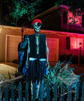 Epic 12 Foot Skeleton Pirate Costume Set With Giant Outfit Accessories Includes Pirate Hat Eye Patch Jacket Shorts For Halloween Decor Outdoor Garden Lawn Display And Spooky Party Ready at night in a front yard display