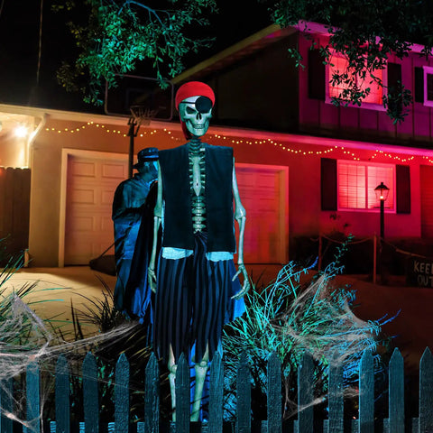 Epic 12 Foot Skeleton Pirate Costume Set With Giant Outfit Accessories Includes Pirate Hat Eye Patch Jacket Shorts For Halloween Decor Outdoor Garden Lawn Display And Spooky Party Ready at night in a front yard display