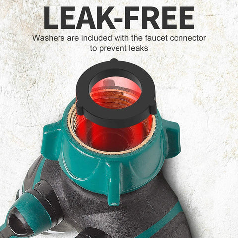 Garden hose splitter 2-way, close-up view, green metal body with threaded connections