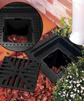 Catch Basin Kit 12x12 with debris basket and grating square storm drain four outlet drainage box for lawns and landscapes fits 2 3 4 and 6 inch pipes easy install DIY patio runoff solution installed near a garden bed.