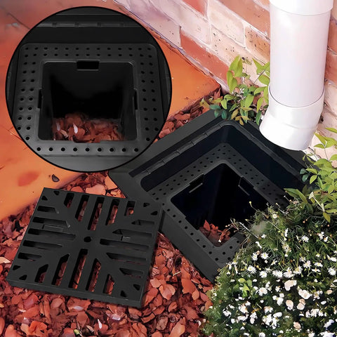 Catch Basin Kit 12x12 with debris basket and grating square storm drain four outlet drainage box for lawns and landscapes fits 2 3 4 and 6 inch pipes easy install DIY patio runoff solution installed near a garden bed.
