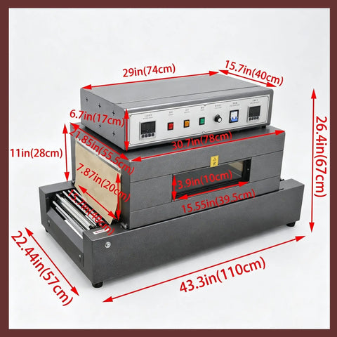 220V Industrial Heat Shrink Wrapping Machine Tunnel With Heavy Duty Chain Conveyor For Large Items dimensions all sides labeled