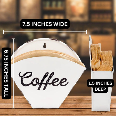 Enamelware Coffee Filter Holder Wall Mount Cone Shaped White Vintage Farmhouse Style Filter Storage Container With Distressed White Finish And Black Lettering For Classic Kitchen Organization
