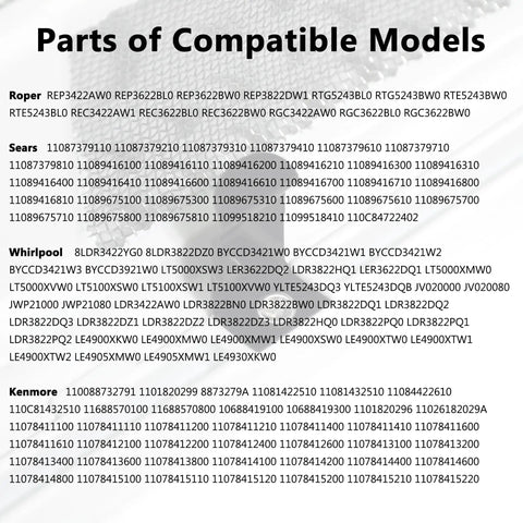 Parts list for Upgraded Dryer Lint Screen With Case Cover For Whirlpool And Kenmore Dryers And Washers model numbers.