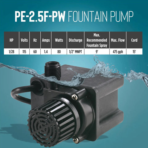 Compact Submersible Pump For Small Ponds And Fountains, 115 Volt Direct Drive, 1/28 HP, 475 GPH, 15 Ft Cord, Model 566612