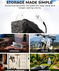 Four Pack Clear Safety Glasses With UV400 And ANSI Z87.1 Standards on a rock, uses shown in gardening, cycling, workshop, lawnmower