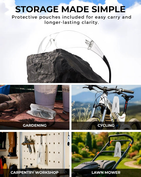 Four Pack Clear Safety Glasses With UV400 And ANSI Z87.1 Standards on a rock, uses shown in gardening, cycling, workshop, lawnmower