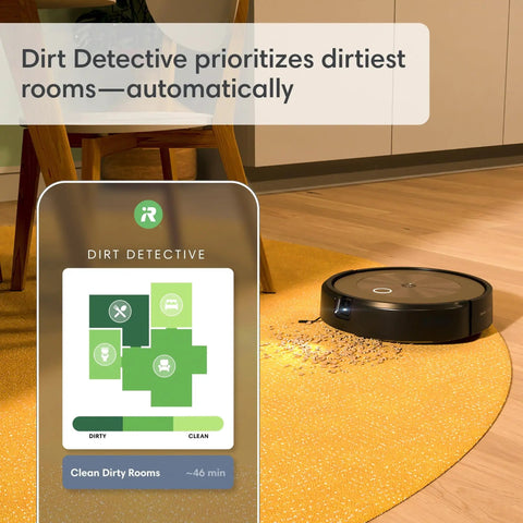 Self-Emptying Robot Vacuum With Ultra Strong Suction And Obstacle Detection, 60 Day Auto-Empty, Pet Friendly Cleaning, Smart Mapping, Alexa Compatible, Dirt Detective Intelligence Keeps Floors Spotless And No Fuss cleaning a carpet with dirt detection shown on a phone app.