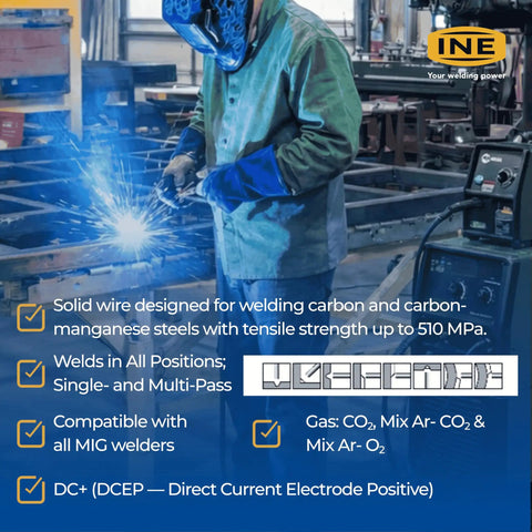 Welder using ER70S-6 0.035 Inch MIG Welding Wire, 10 Lb Spool, Copper-Coated Solid Wire for heavy fabrication and structural steel.