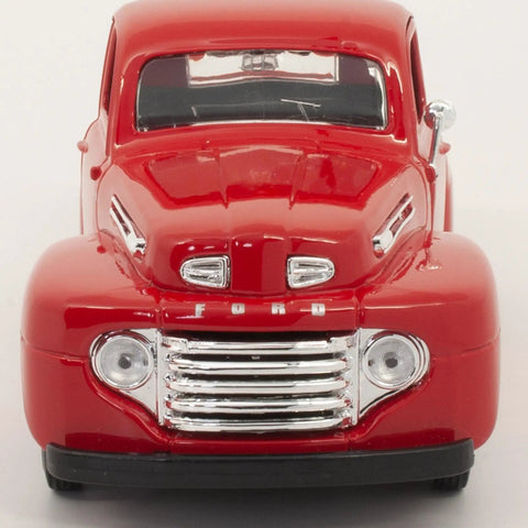 Front view of 1948 Ford F-1 Pickup Diecast Model Car One Twenty Fifth Scale Red With Openable Doors And Tailgate Free Wheel Action Realistic Detailing For Collectors And Diecast Fans, showing chrome grille and classic design.