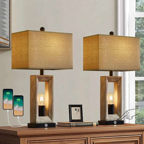 25 Inch Farmhouse Table Lamp With USB C And USB A Ports, Three Way Dimmable Touch Control And Built In Nightlight, brown and black design