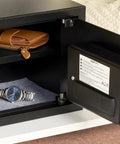 Open Steel Security Safe With Electronic Keypad And Emergency Override Keys, 0.5 Cubic Feet, inside view, jewelry and watch visible