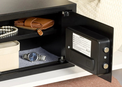 Open Steel Security Safe With Electronic Keypad And Emergency Override Keys, 0.5 Cubic Feet, inside view, jewelry and watch visible