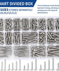 600 Piece 304 Stainless Steel Wood Screws Set With 18 Sizes Self Tapping Phillips Pan Head For Wood And Sheet Metal Sizes Four Through Twelve Lengths From Three Eighths Inch To One And A Half Inches Silver in a divided box.