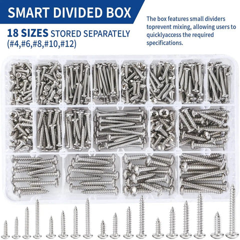 600 Piece 304 Stainless Steel Wood Screws Set With 18 Sizes Self Tapping Phillips Pan Head For Wood And Sheet Metal Sizes Four Through Twelve Lengths From Three Eighths Inch To One And A Half Inches Silver in a divided box.