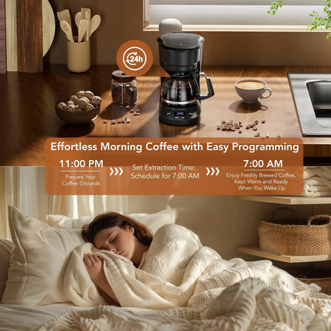 Compact 5 Cup Drip Coffee Maker With Programmable Timer, Two Hour Auto Power Off, Two Hour Keep Warm, Black Coffee Machine