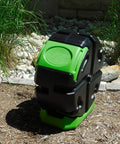HotFrog Half Size Rolling Single Chamber Tumbling Composter, Batch Ready Outdoor Garden Compost Bin With Easy Turn Door No Fuss Setup, 19 Gallon Capacity, Durable Weather Resistant Black And Green outdoors on soil