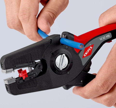 Hands using Precistrip16 Automatic Insulation Stripper For 0.08-16 mm2 Wires With Fine Adjustment on a blue wire
