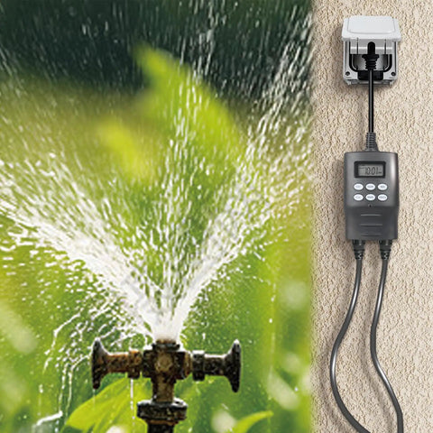 Ultimate Outdoor Digital Timer For Lights With Seven Day Programming And Dual Grounded Outlets controlling garden sprinkler system.