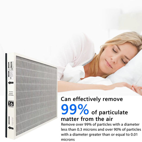 MERV 16 20X25X3In Air Filter For Bryant Carrier Purifier near sleeping woman, highlighting 99% particle removal efficiency.