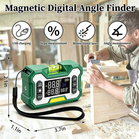 Digital Angle Finder And Level With USB Rechargeable Battery, LCD Display, Magnetic Base, Dual Axis High Precision Inclinometer, Ideal For Woodworking, Miter Saw Alignment, Picture Frame Hanging, And Precise Angle Readouts. Green 3.7in digital angle finder on wood surface in workshop.