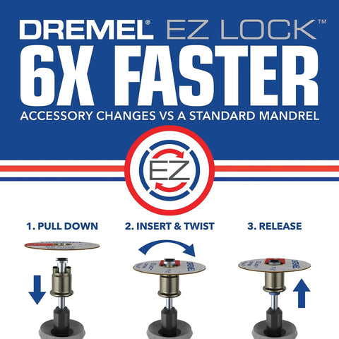Front view of Dremel EZ Lock cut-off wheels packaging, 5-piece fiberglass reinforced, red EZ logo
