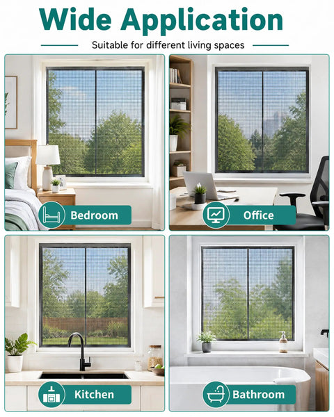 The Real Hassle Free Window Screen Door Repair Kit Featuring Self Adhesive Polyester Mesh Rolls fastened over various windows in a bedroom, office, kitchen, and bathroom.