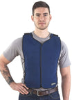 Man wearing Personal Series Ice Vest For Hot Weather Cooling, lightweight three point nine pound vest with zipper closure.