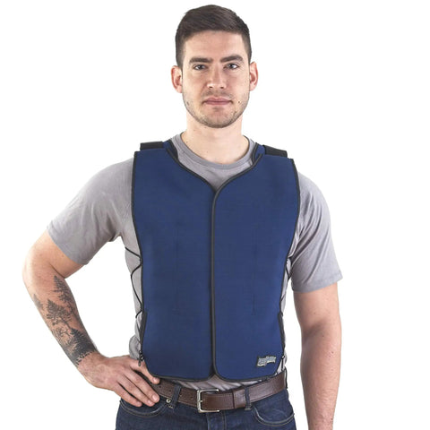 Man wearing Personal Series Ice Vest For Hot Weather Cooling, lightweight three point nine pound vest with zipper closure.
