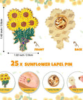 Total Vibe Bulk Sunflower Enamel Pins For Women Includes 25 Gold Yellow Flower Lapel Brooches With Thank You Cards And Tissue Wraps Straight Fire Party Favors And Coworker Appreciation Gifts front and back view with size details