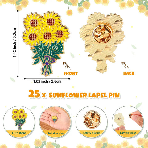 Total Vibe Bulk Sunflower Enamel Pins For Women Includes 25 Gold Yellow Flower Lapel Brooches With Thank You Cards And Tissue Wraps Straight Fire Party Favors And Coworker Appreciation Gifts front and back view with size details
