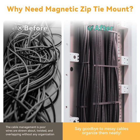 Comparison image showing messy cables before and organized cables after using Magnetic Zip Tie Mount Base Set With 110 Pieces 26Lb Strong Hold.