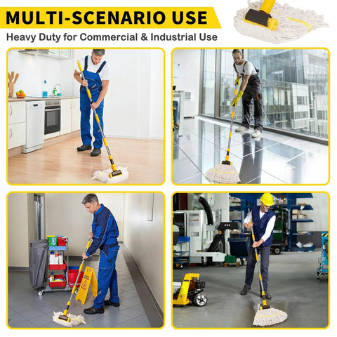 Heavy Duty Commercial Mop With 54 Inch Handle And 53 Inch Stainless Steel Mop Handle Wet Cotton Mop Head in use in different scenarios